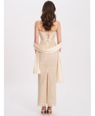  Raizell Beaded Sequin Bodycon Gown with Scarf