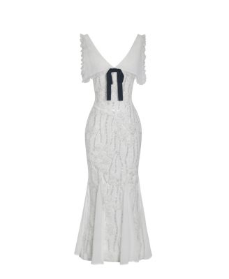  Paola Peter Pan Collar Beaded Sequin Mermaid Midi Dress