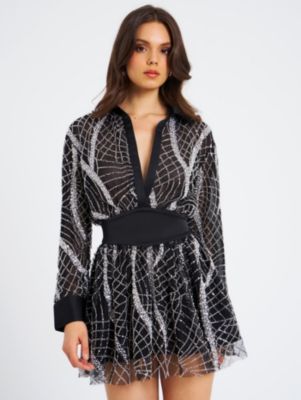  Rachelle Embroidered Mesh Mini Shirt Dress