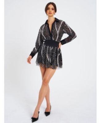  Rachelle Embroidered Mesh Mini Shirt Dress