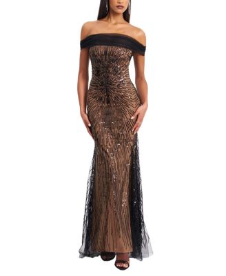 Qeturah Embroidered Sequin Off Shoulder Mesh Gown
