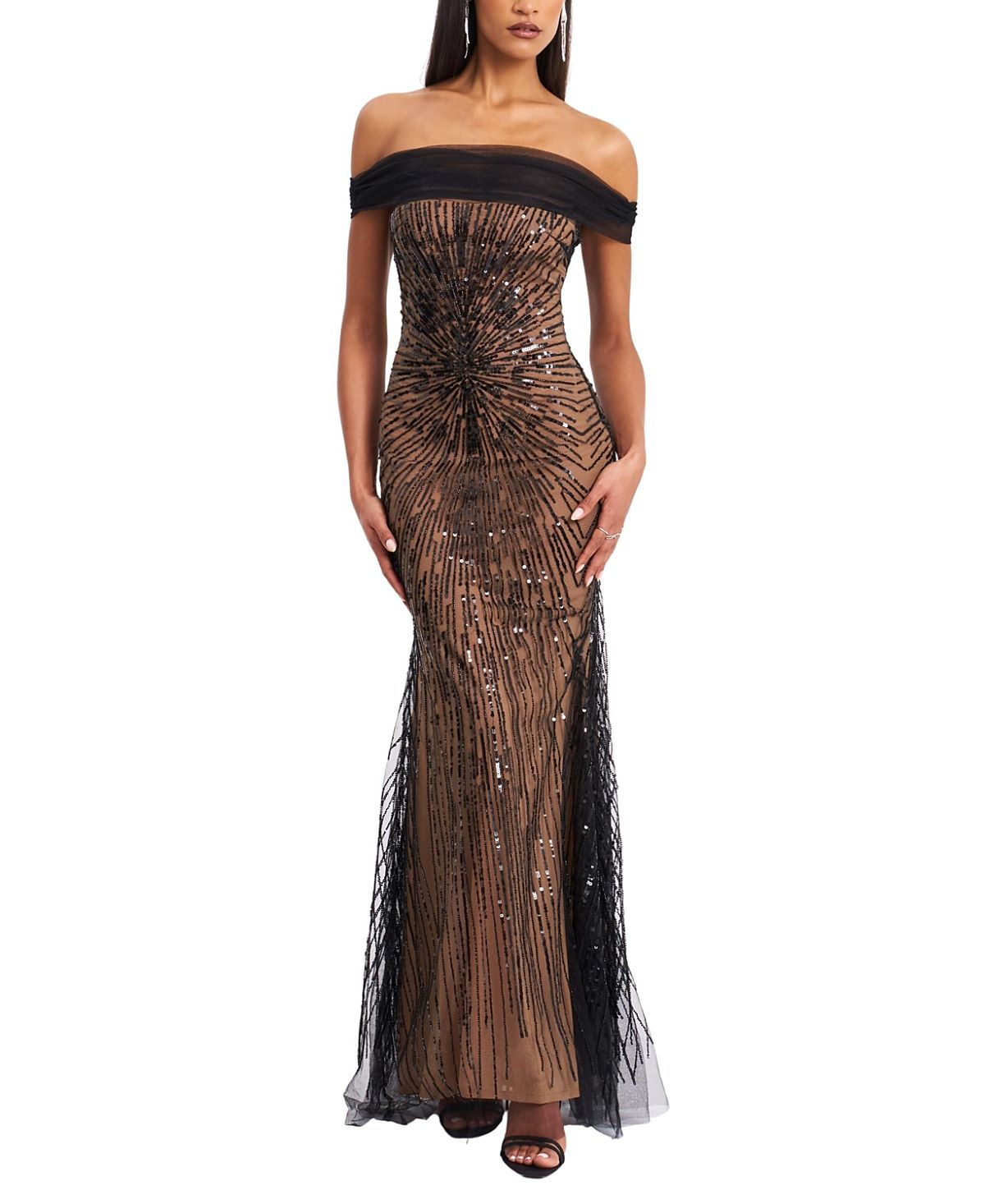 Miss Circle Qeturah Embroidered Sequin Off Shoulder Mesh Gown