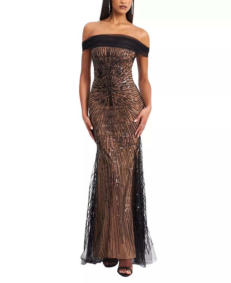 Miss Circle Qeturah Embroidered Sequin Off Shoulder Mesh Gown
