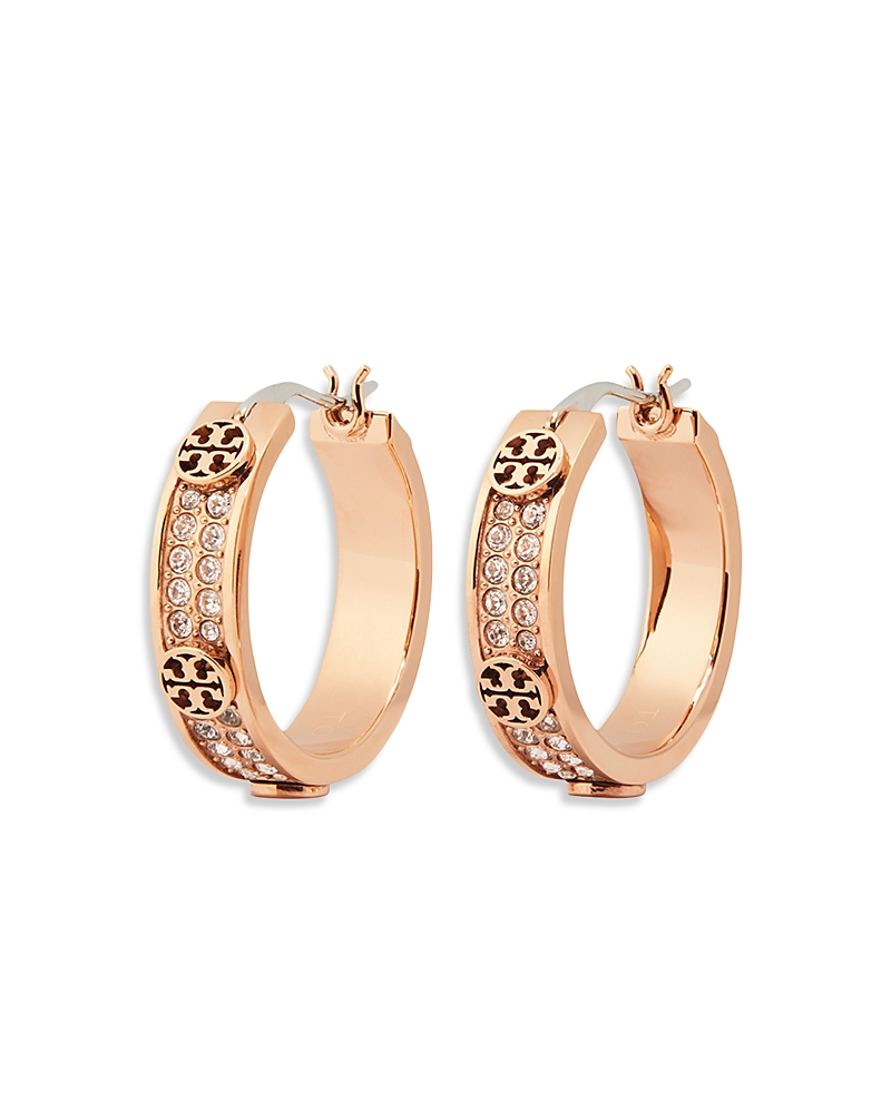 Tory Burch Miller Double T & Pave Studded Small Hoop Earrings in Gold Tone Stainless Steel