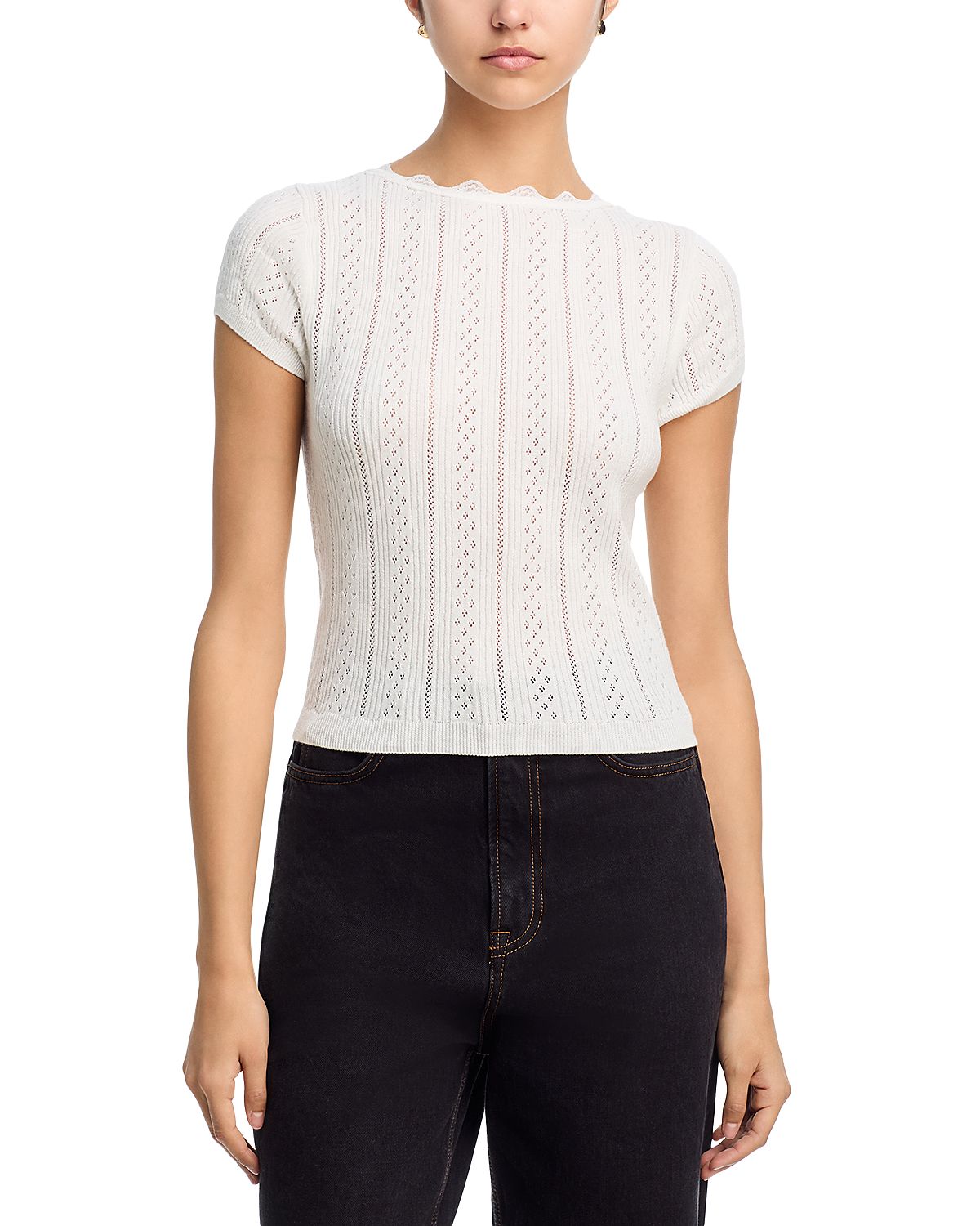 Aqua x Wuthering Heights Pointelle Knit Satin Bow Top - Exclusive