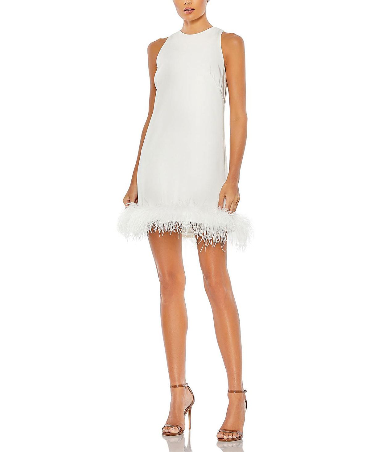 Mac Duggal Feathered Hem High Neck Sleeveless A Line Dress
