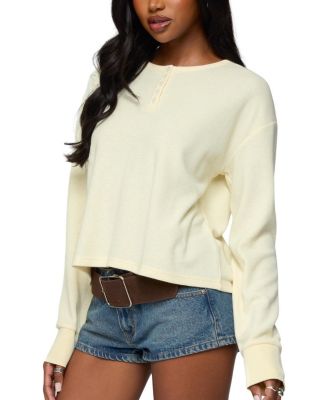  Deni Long Sleeve Henley Waffle Top
