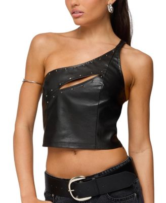  Asymmetric Cutout Faux Leather Top