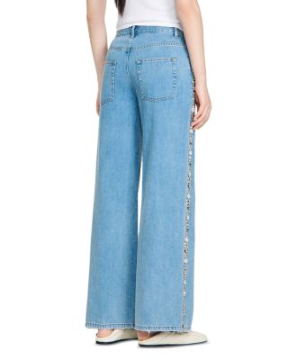 Calix Rhinestone Trim High Rise Wide Leg Jeans in Blue Jean