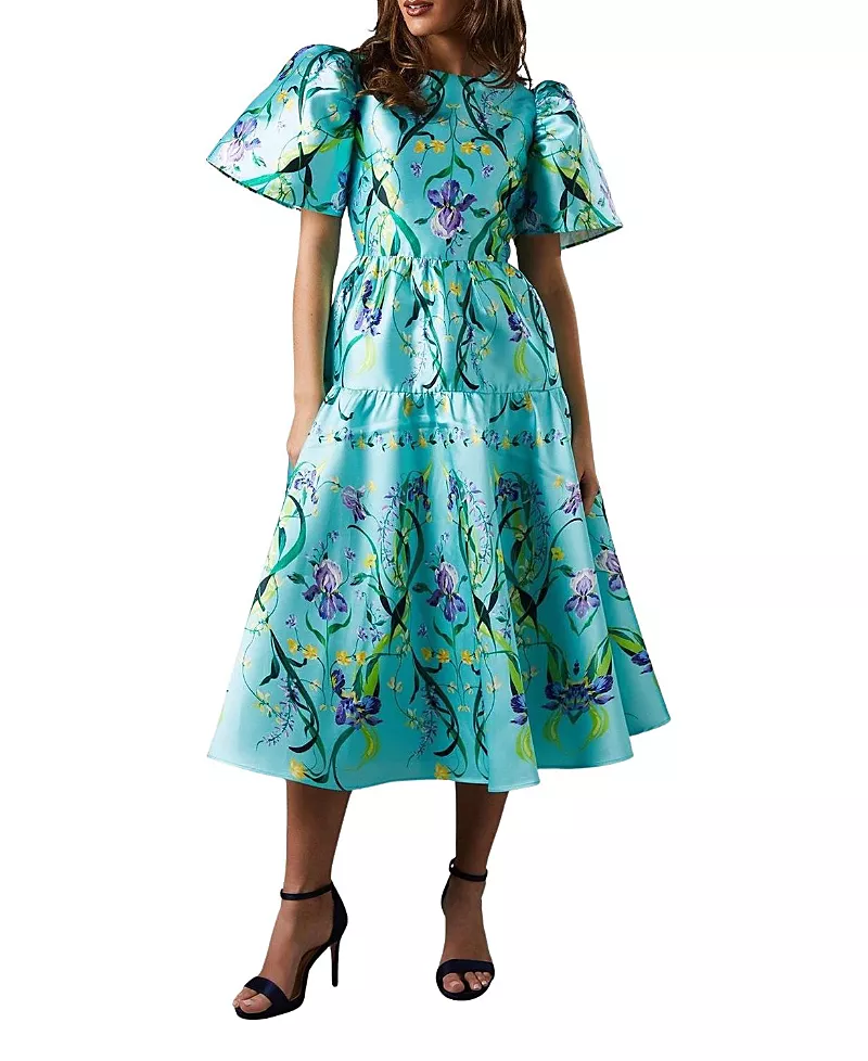 Coast Twill Puff Sleeve Printed Midi Dress