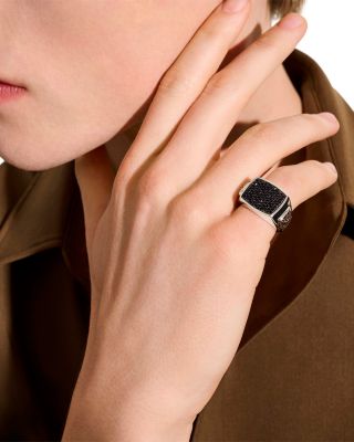 Men's Sterling Silver ID Signet Black Sapphire Pav&eacute; Cluster Ring