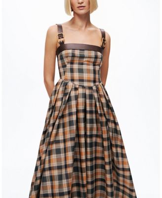  Plaid Pleated Maxi Dress with Faux Leather Belt