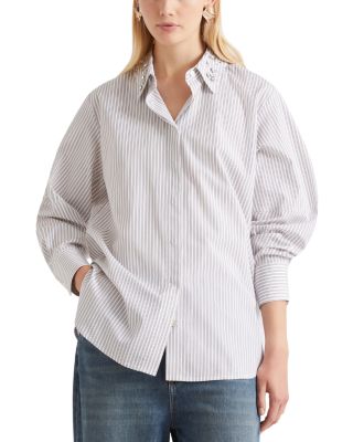 Rhinestone Collar Striped Shirt