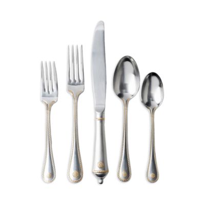 Berry and Thread 20 Piece Flatware Set, Bright Satin with Gold