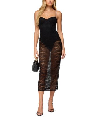Sheer Lace Built In Bodysuit Midi Dress