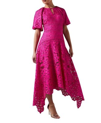 Lace Hanky Hem Puff Sleeve Dress