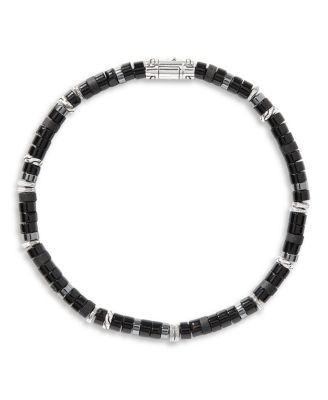 Men&#39;s Sterling Silver Classic Chain Onyx &amp; Hematite Bead Heishi Bracelet
