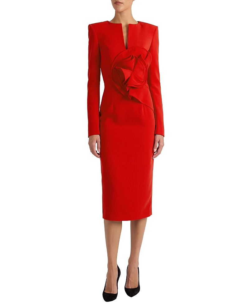 Santorelli Maya Long Sleeve Midi Dress with Dramatic Floral Applique in Stretch Crepe