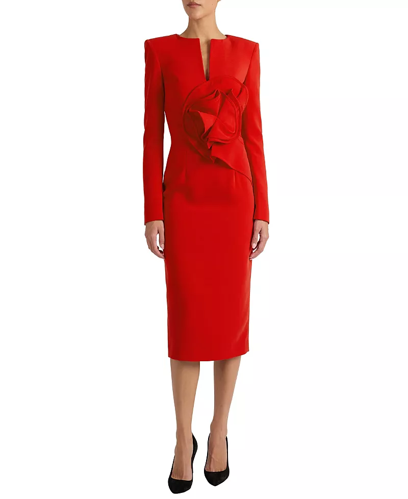 Santorelli Maya Long Sleeve Midi Dress with Dramatic Floral Applique in Stretch Crepe