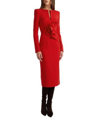 Maya Long Sleeve Midi Dress with Dramatic Floral Applique in Stretch Crepe