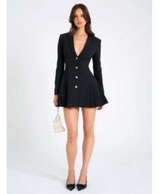 Ria Blazer Mini Dress with Crystal Button and Pleated Detail