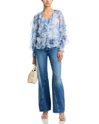 Seashell Toile Ruffle Long Sleeve Top with Built in Camisole - Exclusive