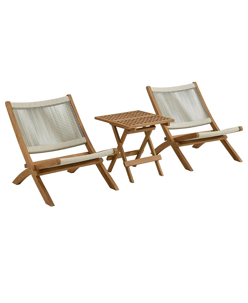Modway Vienna Outdoor Patio Teak and Rope Folding Lounge Chairs and Side Table, Set of 3