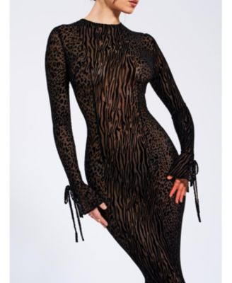  Waylynn Print Burnout Velvet Detail Mesh Maxi Dress