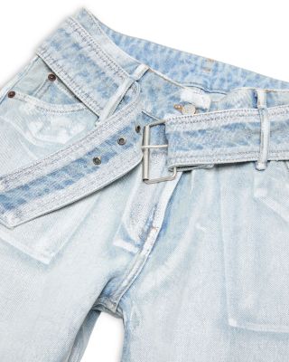 Belted Straight Leg Jeans in Blue/White