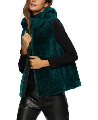 Shearling Lamb Zip Vest Hooded Reversible To Taffeta