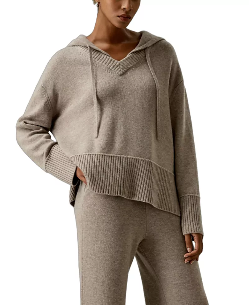 Lilysilk V Neck Wool-Cashmere Blend Hoodie