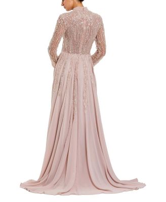  Embellished Long Sleeve Chiffon Skirt Gown