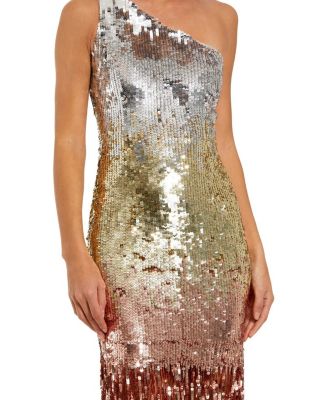  Ombre Sequin Fringe Mesh One Shoulder Gown