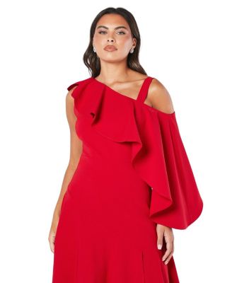 One Shoulder Ruffle Crepe Midi Dress