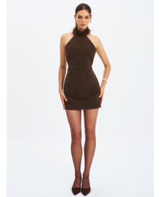 Yael Suede Faux Fur Halter Mini Dress