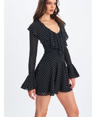 Omari Chiffon Polka Dot Ruffled Neckline Mini Dress