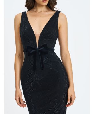  Olympia Belted Bow Plunging Rhinestone Maxi Dress