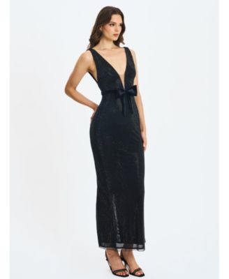  Olympia Belted Bow Plunging Rhinestone Maxi Dress