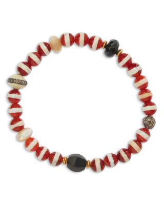 Agate & Gray Diamond Striped Bead Stretch Bracelet in 18K Yellow Gold & Sterling Silver 