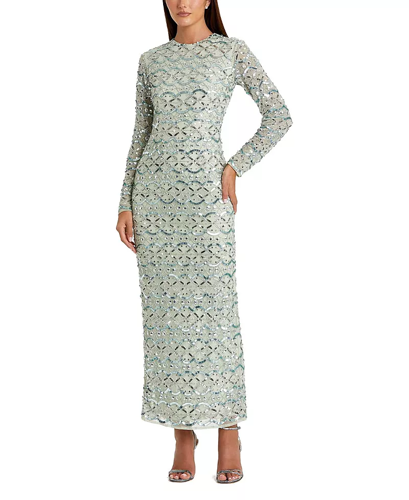 Mac Duggal Geometric Embellished Long Sleeve Dress