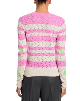 Striped Intarsia Knit Sweater with Flower Embroidery