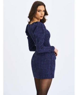  Denise Tweed Ruched Puff Sleeve Mini Dress
