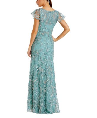  V-Neck Flutter Sleeve Floral Embroidered Gown