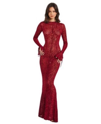  Waylynn Burnout Velvet Detail Mesh Backless Maxi Dress