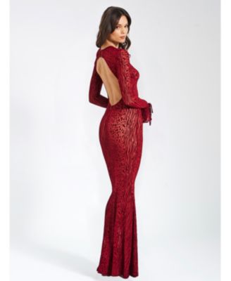  Waylynn Burnout Velvet Detail Mesh Backless Maxi Dress