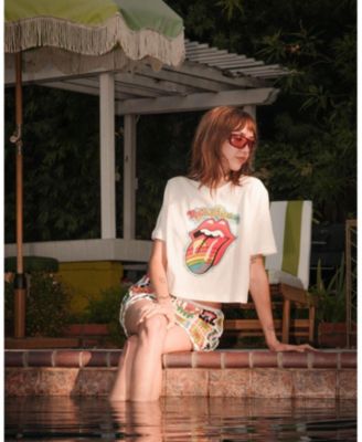 Women's The Rolling Stones Rainbow Hot Lips Mock Neck Crop Tee