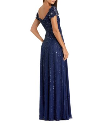  Striped Sequin Mesh Gown with Beaded Shoulders