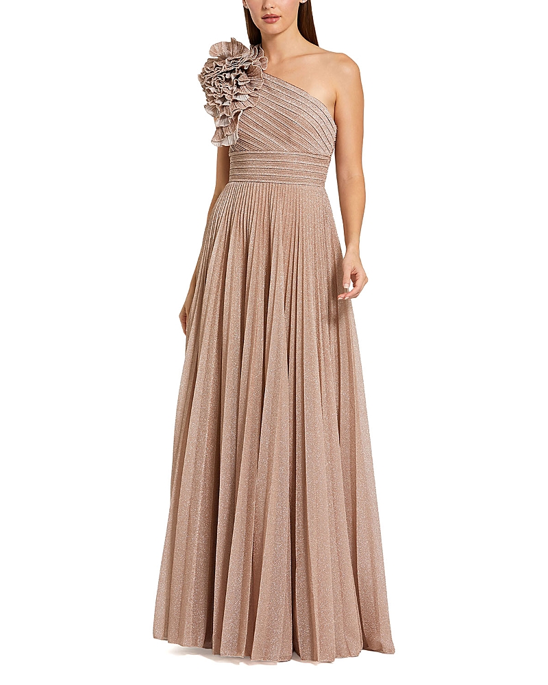 Mac Duggal Pleated Metallic One Shoulder Gown with Ruffle