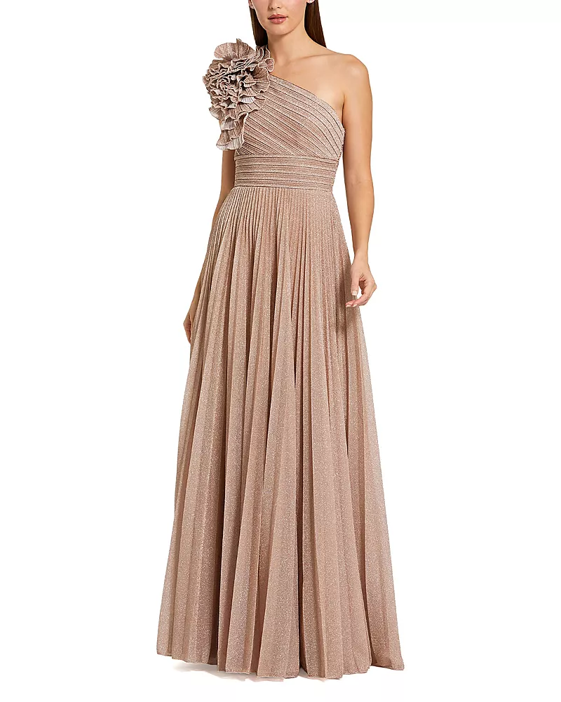 Mac Duggal Pleated Metallic One Shoulder Gown with Ruffle