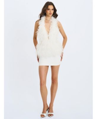  Quisten Feathered Plunging Halter Mini Dress